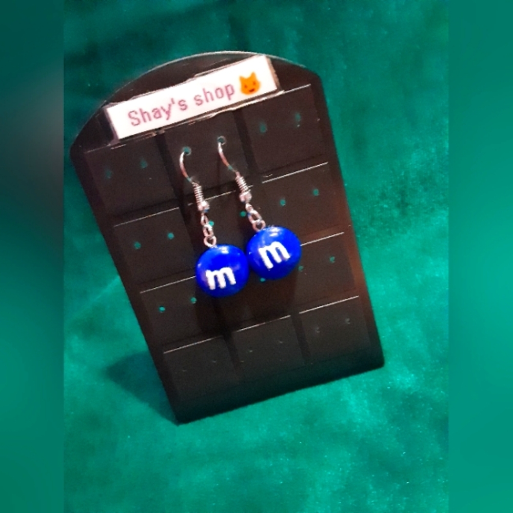 Blue m&m earrings